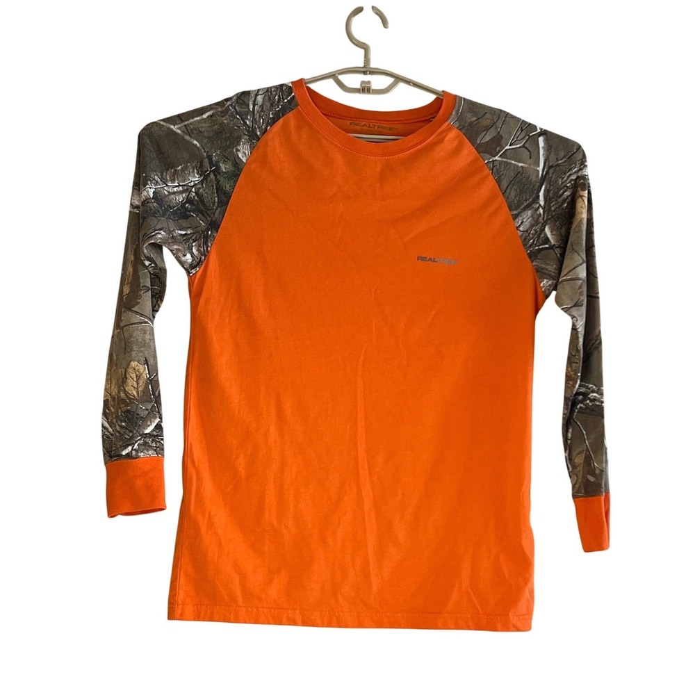 Real Tree Camo Orange Long Sleeve Raglan Shirt Kids XL 14-16 Hunting Outdoor